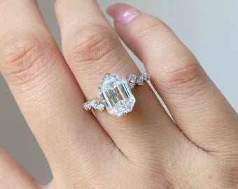 Elongated Hexagon Cluster Engagement Ring, 14k Solid White Gold Wedding Ring, Art Deco Anniversary Gift Ring, Vintage Style Bridal Ring