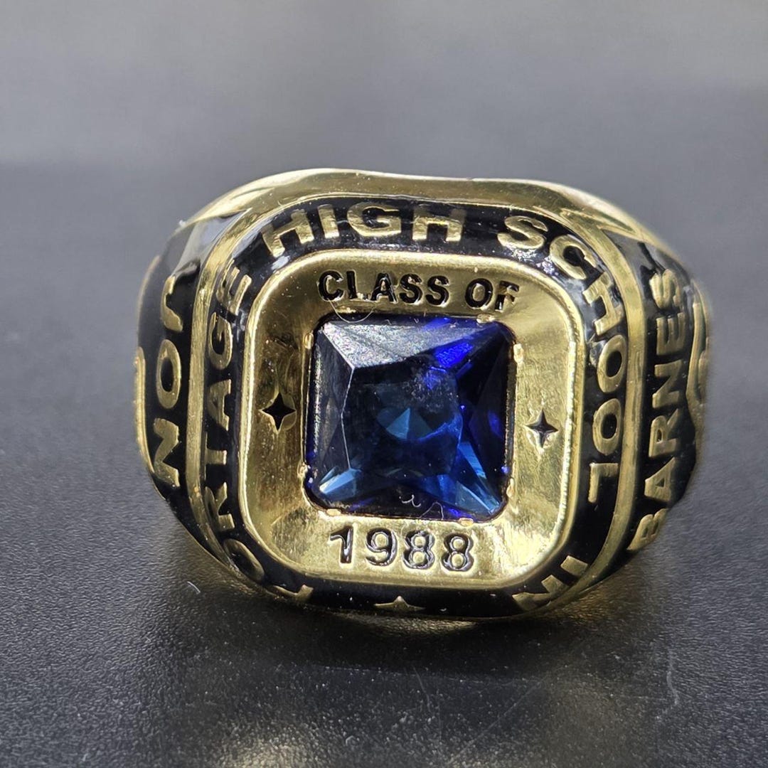 Vintage High School Class Ring 1988, Blue Stone Gold Tone School Ring ...