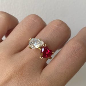Toi et Moi Ring, Pear Cut Diamond & Heart Ruby Engagement Ring, Two Stone Promise Ring, 14k Gold Heart Red Ruby Ring, Unique Wedding Ring