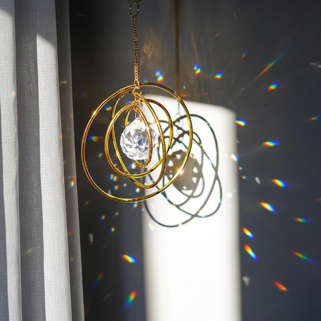 Gold Crystal Sun Catcher Hanging Window Decor, Geometric Brass Rings ...