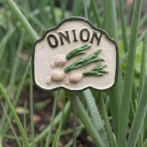 May include: A garden plant marker with a cream-colored, scalloped-edge plaque featuring the word ONION in dark green letters. Below the text, three raised, sculpted green and white onion illustrations are displayed on a thin metal stake.