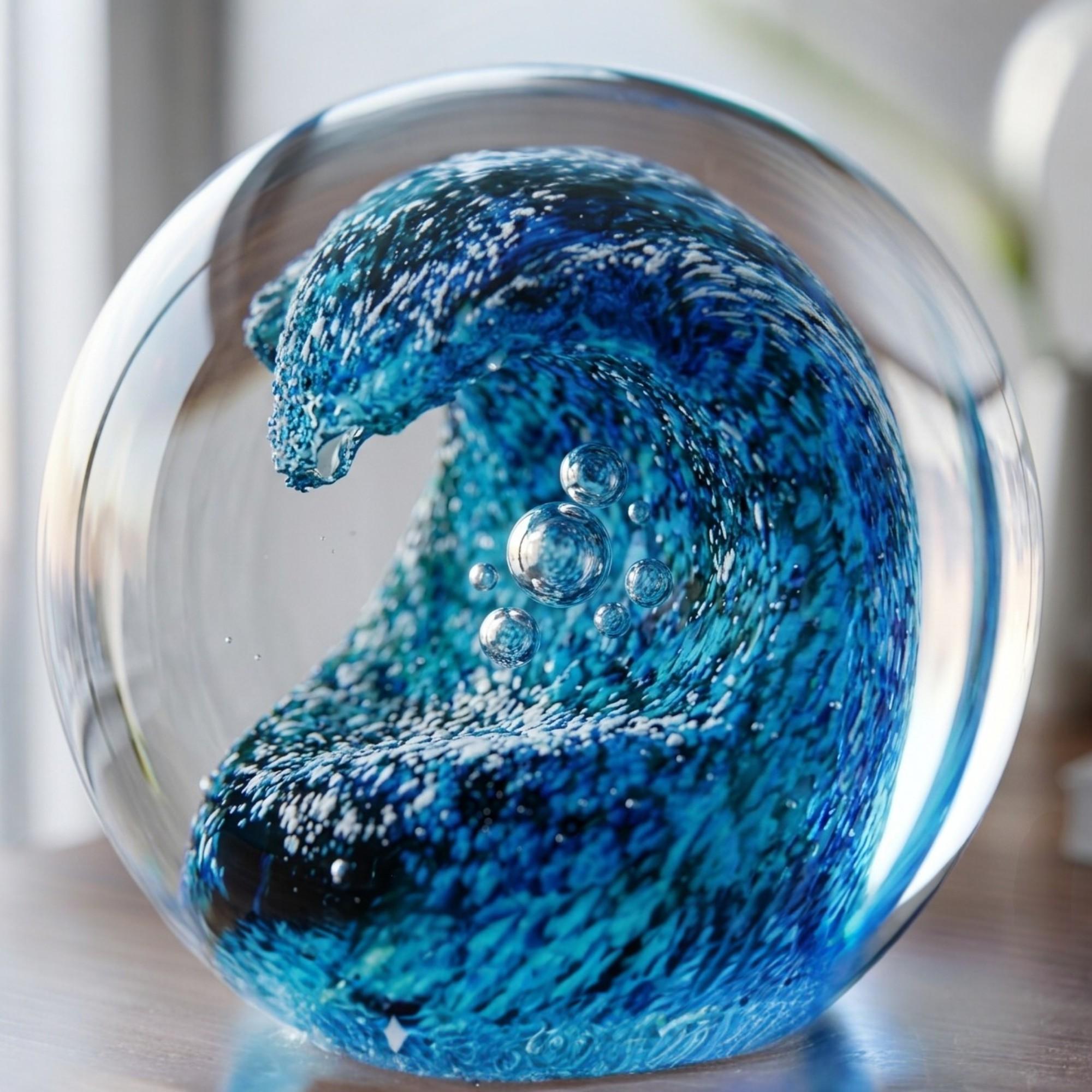Blue Ocean Wave Glass Orb, Hand Blown Style Art Sphere, Coastal Decor ...