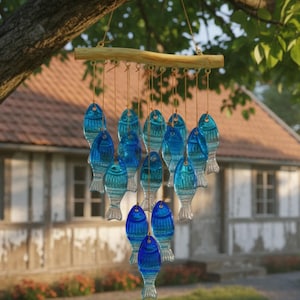 Peut inclure: Un carillon décoratif avec de nombreux poissons en verre bleu suspendus à une poutre en bois. Les poissons varient en nuances de bleu et présentent des motifs gravés détaillés. Le carillon est suspendu à une branche d'arbre, avec une maison en arrière-plan.