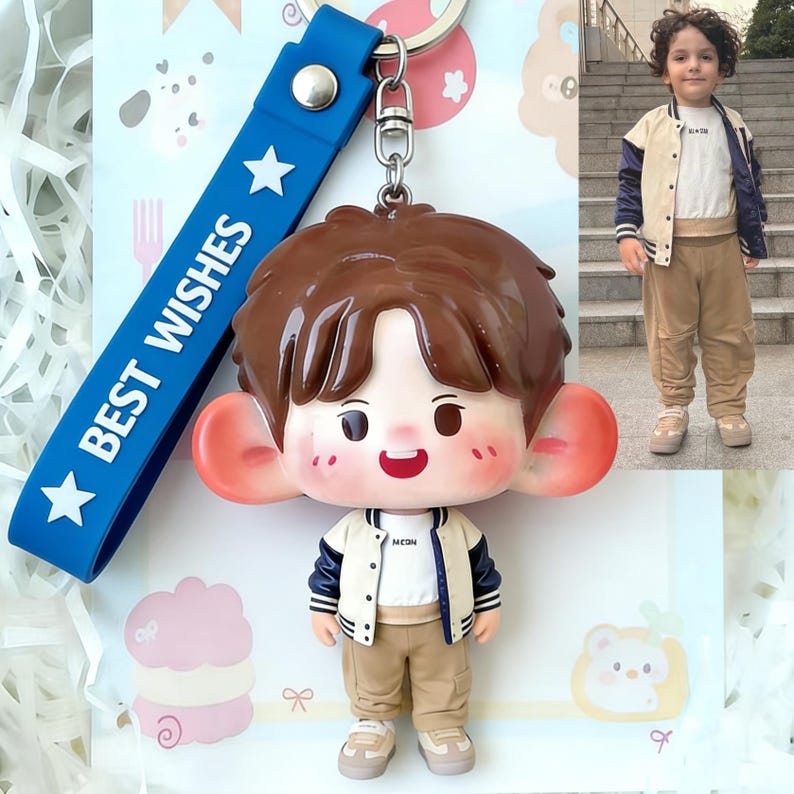 May include: A keychain featuring a cartoon boy with large ears, wearing a white jacket with navy blue sleeves and khaki pants. The keychain has a blue strap with the words "BEST WISHES" and white stars. The boy's hair is brown, and he has a smiling face.