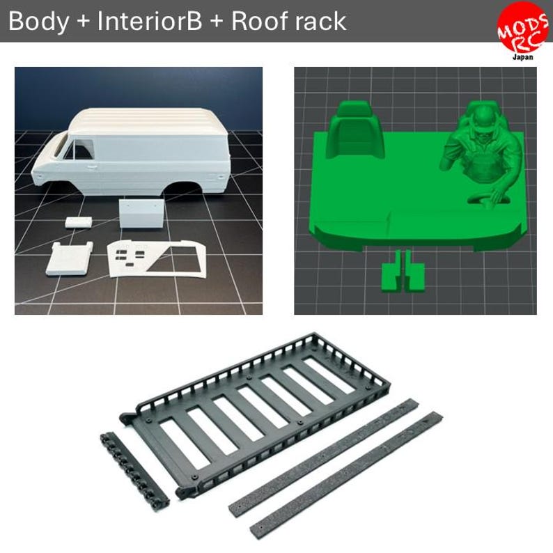 May include: A white van body shell, a green interior component with a driver figure, and a black roof rack assembly. The set includes various small white plastic parts and two long black strips, all displayed as separate components for assembly.