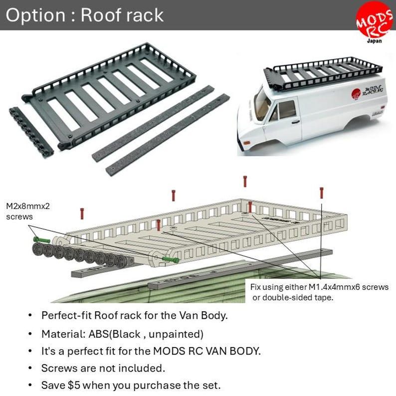 May include: A black unpainted ABS plastic roof rack for a remote control van body. The set includes the rack, two mounting rails, and a front light bar attachment. Diagrams show assembly with M2x8mm and M1.4x4mm screws or double-sided tape.