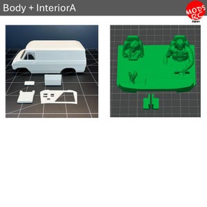 May include: A white plastic model van body shell with separate small white components and a green 3D-printed interior piece featuring two seated figures, a steering wheel, and two small rectangular parts, labeled Body + InteriorA.