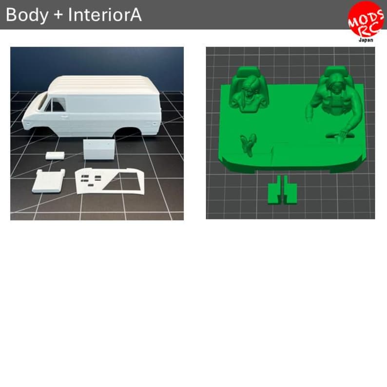 May include: A white plastic model van body shell with separate small white components and a green 3D-printed interior piece featuring two seated figures, a steering wheel, and two small rectangular parts, labeled Body + InteriorA.