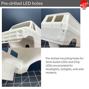 May include: A white 3D printed RC van body shell featuring pre-drilled mounting holes for 3mm bullet LEDs and Chip LEDs for headlights, taillights, and side markers. The text reads Pre-drilled LED holes and Pre-drilled mounting holes for 3mm bullet LEDs and Chip LEDs are provided for headlights, taillights, and side markers.