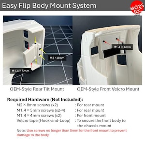May include: An Easy Flip Body Mount System for RC vehicles featuring a white plastic body shell. The left side shows an OEM-Style Rear Tilt Mount with M2 x 8mm and M1.4 x 5mm screws. The right side shows an OEM-Style Front Velcro Mount with M1.4 x 4mm screws.