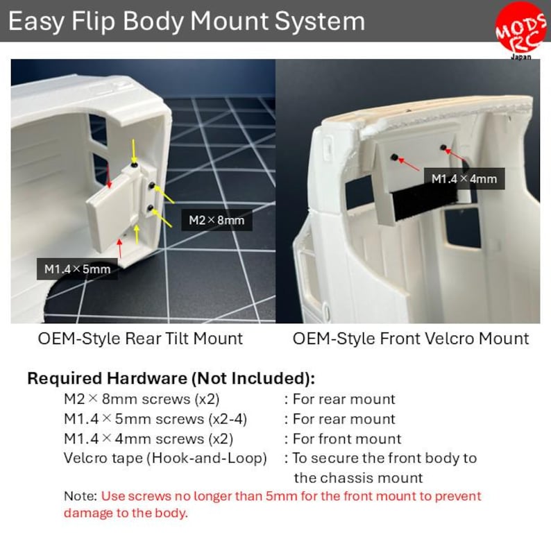 May include: An Easy Flip Body Mount System for RC vehicles featuring a white plastic body shell. The left side shows an OEM-Style Rear Tilt Mount with M2 x 8mm and M1.4 x 5mm screws. The right side shows an OEM-Style Front Velcro Mount with M1.4 x 4mm screws.