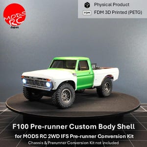 May include: An F100 Pre-runner custom body shell for a MODS RC 2WD IFS Pre-runner conversion kit. The 3D printed PETG truck body features a white hood and rear bed with a bright green cab, chrome grille, and two illuminated round headlights.