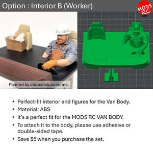 May include: A scale model vehicle interior kit labelled Option: Interior B (Worker) featuring a painted figure in a white hard hat and brown overalls sitting at a steering wheel, alongside a green 3D-rendered digital model of the same component.