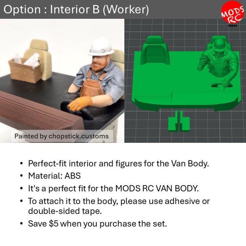 May include: A scale model vehicle interior kit labelled Option: Interior B (Worker) featuring a painted figure in a white hard hat and brown overalls sitting at a steering wheel, alongside a green 3D-rendered digital model of the same component.
