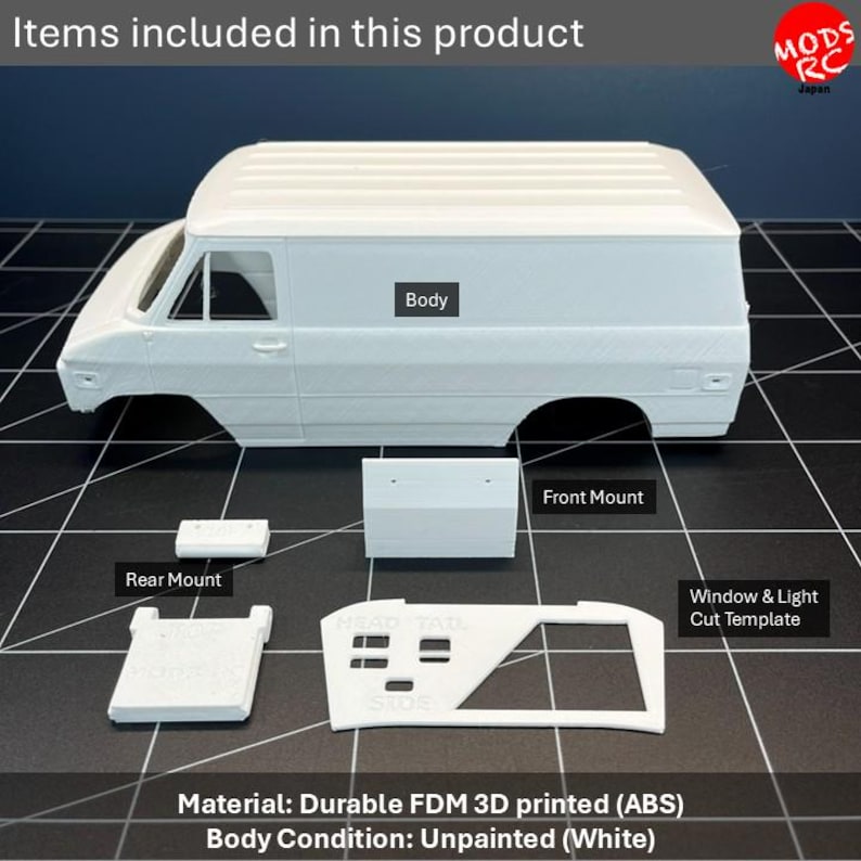 May include: A white 3D printed model van body kit including a main van body, a front mount, a rear mount, and a window and light cut template. The text on the image includes Items included in this product, Body, Front Mount, Rear Mount, Window & Light Cut Template, MODS RC Japan, and Material: Durable FDM 3D printed (ABS) Body Condition: Unpainted (White).