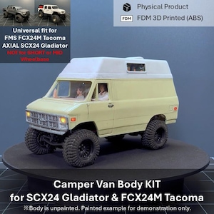 May include: A cream-coloured camper van body kit for FMS FCX24M Tacoma and AXIAL SCX24 Gladiator RC vehicles. The 3D printed ABS model features a high-top roof, black off-road tyres, and a detailed front grille. Text includes Universal fit for FMS FCX24M Tacoma AXIAL SCX24 Gladiator NOT for SHORT or MID Wheelbase and Camper Van Body KIT.