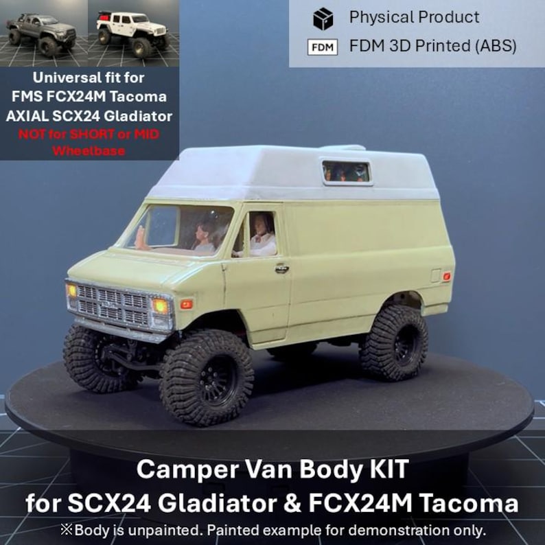 May include: A cream-coloured camper van body kit for FMS FCX24M Tacoma and AXIAL SCX24 Gladiator RC vehicles. The 3D printed ABS model features a high-top roof, black off-road tyres, and a detailed front grille. Text includes Universal fit for FMS FCX24M Tacoma AXIAL SCX24 Gladiator NOT for SHORT or MID Wheelbase and Camper Van Body KIT.