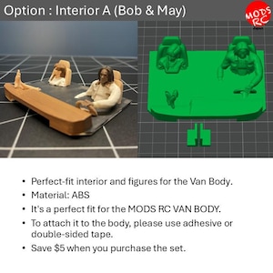May include: A 3D printed interior set for a van model, labelled Option: Interior A (Bob & May). The set includes two figures, one driving and one with feet on the dashboard, rendered in both a painted version and a solid green digital model.