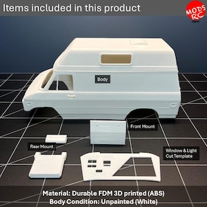 May include: An unpainted white 3D printed van body kit including a main van body, front mount, rear mount, and a window and light cut template. The text Items included in this product, Body, Front Mount, Rear Mount, Window & Light Cut Template, and Material: Durable FDM 3D printed (ABS) Body Condition: Unpainted (White) are visible.
