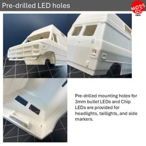 May include: A white 3D printed model van body featuring pre-drilled mounting holes for 3mm bullet LEDs and Chip LEDs. The model includes detailed front grille, rear door panels, and interior housing for headlights, taillights, and side markers.