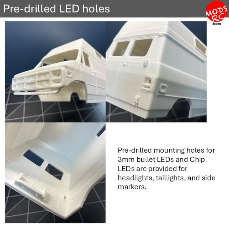 May include: A white 3D printed model van body featuring pre-drilled mounting holes for 3mm bullet LEDs and Chip LEDs. The model includes detailed front grille, rear door panels, and interior housing for headlights, taillights, and side markers.