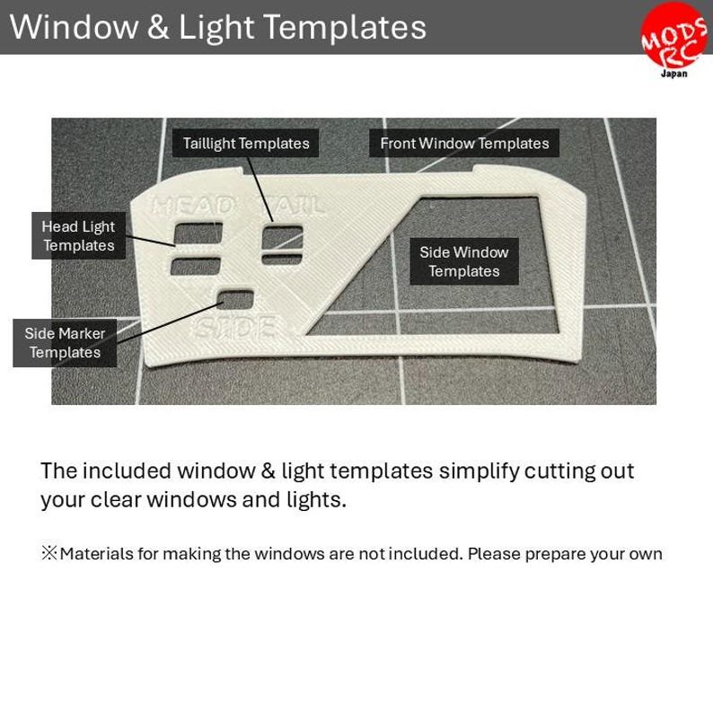 May include: A white 3D-printed plastic template sheet labelled Window & Light Templates. It features cutouts for Head Light Templates, Taillight Templates, Side Marker Templates, Front Window Templates, and Side Window Templates for RC models.