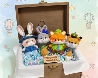 Judy Hopps and Nick Wilde Amigurumi Keychain Set, Handmade Crochet Bunny and Fox Bag Charm, Cute Zootopia Inspired Gift
