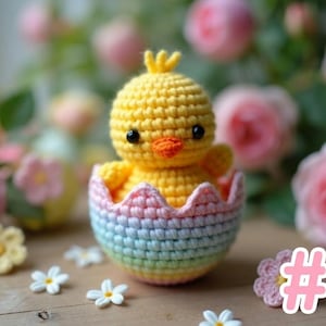 Pode incluir: Um pintinho amarelo de crochê feito à mão está sentado dentro de uma casca de ovo arco-íris. O pintinho tem olhos pretos e um bico laranja. A casca do ovo é em cores pastel. O fundo apresenta rosas cor-de-rosa e pequenas flores brancas. O número 1 está em rosa.