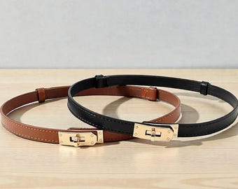 Women Thin Adjustable Belt | Skinny Waist with Gold Turn Lock Buckle | Minimal Look
