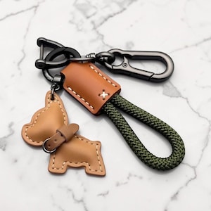 Französische Bulldogge Schlüsselanhänger, handgemachte Leder Hund Schlüsselanhänger, geflochtenes Seil Auto, Liebhaber Geschenk
