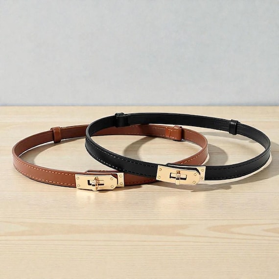 Skinny Leather Belt with Turn-Lock Buckle, Adjustable Thin Belt Adjustable Thin Belts For Womens,Turn Lock Belts,Skinny  main image 2