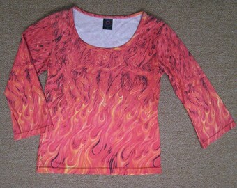 Flames of Passion 3/4 length sleeve top. Hand silkscreened, soy inks by Mark Henson