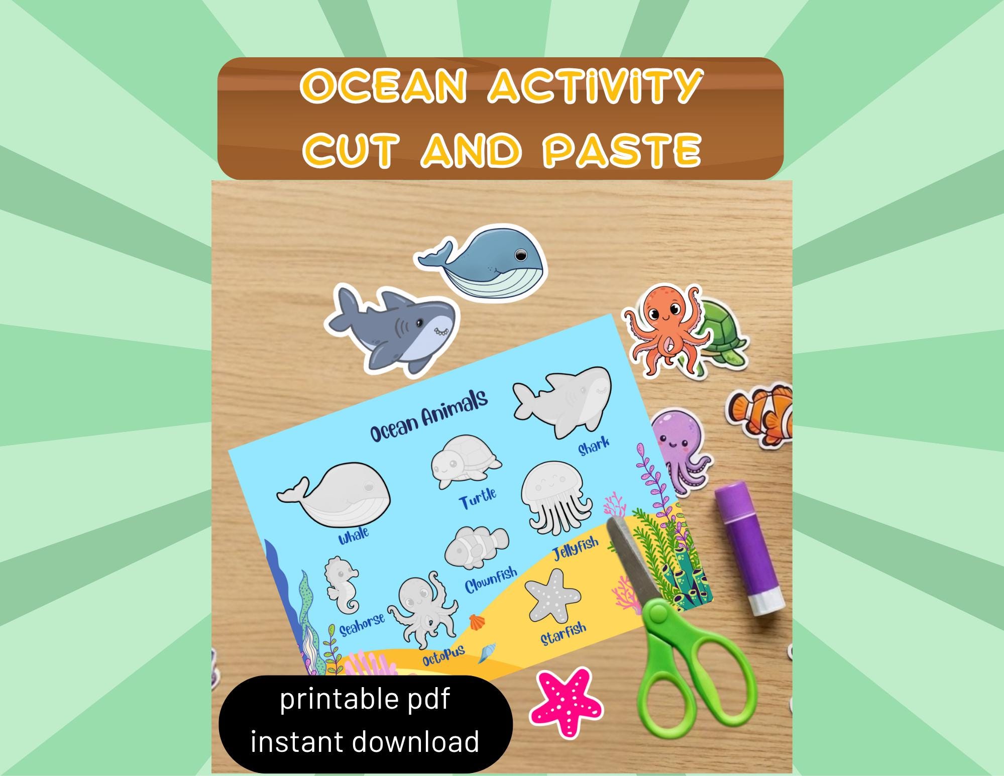 Ocean Animals Cut and Paste Printable, Matching Activity for Kids ...