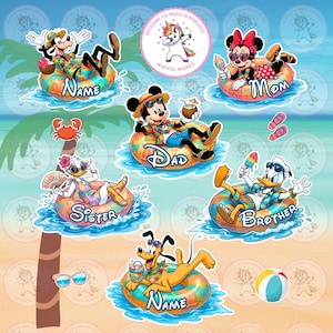 May include: A collection of cartoon character stickers featuring Goofy, Minnie Mouse, Mickey Mouse, Daisy Duck, Donald Duck, and Pluto floating in colorful inner tubes on water. Each character is labeled with text including Name, Mom, Dad, Sister, Brother, and Name, with a circular logo at the top reading Welcome to MagicalWorldCC Magical Wishes.