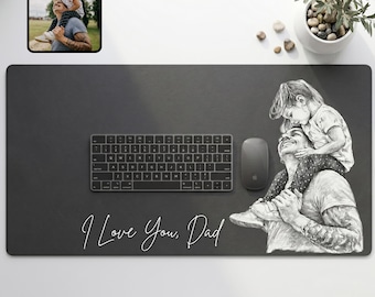 Custom Love Dad & Kid Photo Sketch Pencil Art Desk Mat Personalized Fathers Day Gift For Husband Custom Picture Mouse Pad Keepsake Office