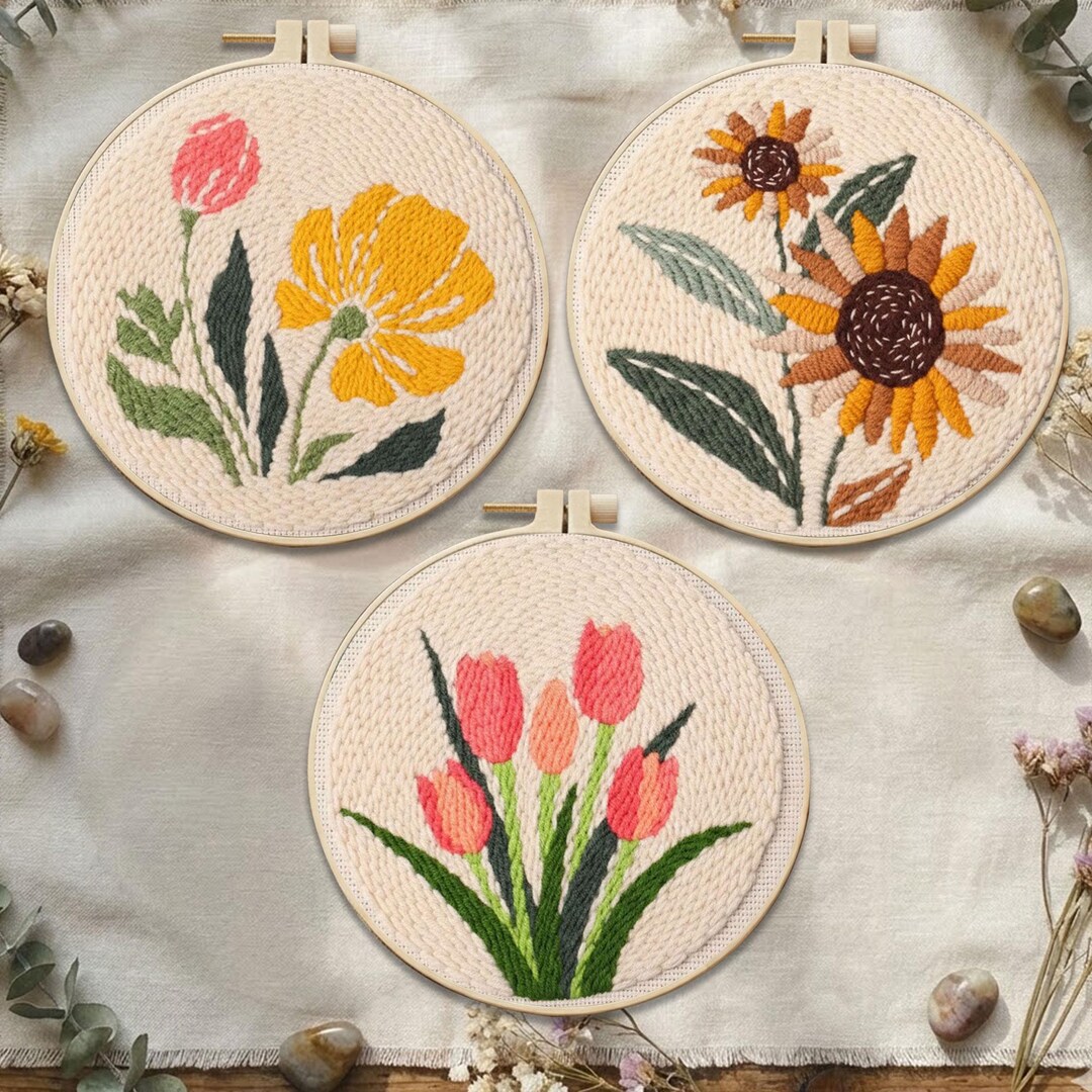 Tulip / Sunflower Punch Needle Kit | Beginner DIY Embroidery Craft Set ...