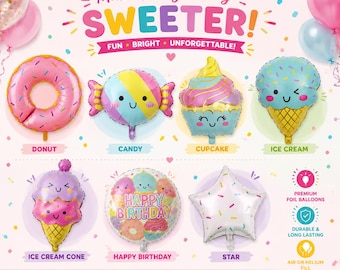 7 PCS Large Cute Dessert Foil Balloons, Donut Balloon, Ice Cream Balloon, Candy Balloon, Cupcake Balloon, Birthday Party Decor