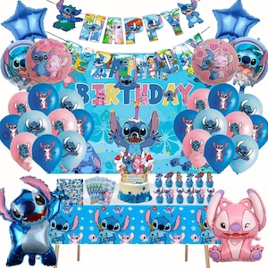 May include: A Lilo and Stitch themed party decoration set featuring a Happy Birthday banner, blue and pink balloons, a table cover, cupcake toppers, and foil balloons depicting the characters Stitch and Angel in various poses and colors.