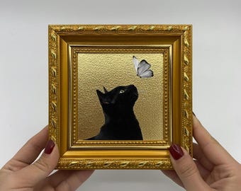Hand-Painted Funny Cat Oil Painting: Living Room Wall Art Decor, 4x4 Kitty Portrait Gift, Mini Oil Painting of Cat with Butterfly