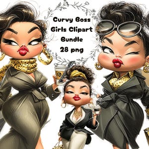 Op de afbeelding: Digitale illustratie van vijf stijlvolle vrouwen in zakelijke kleding. De vrouwen zijn afgebeeld met overdreven kenmerken, dragen trenchcoats, blazers en dragen handtassen. De afbeelding bevat de tekst "Curvy Boss Girls Clipart Bundle 28 png."