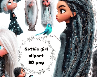 Pacote de Clipart Vintage Gótico | Cenas Estéticas Sombrias com Garotas, Arte Inspirada em Bonecas Assustadoras, Ilustrações de Fantasia Melancólica em PNG