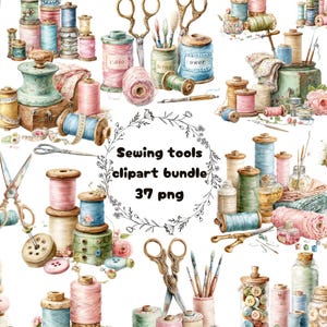 Watercolor Sewing Tools Clipart Bundle, Sewing Kit PNG, Scissors Thread Needles, Craft Supplies Graphics, DIY Handmade Clipart