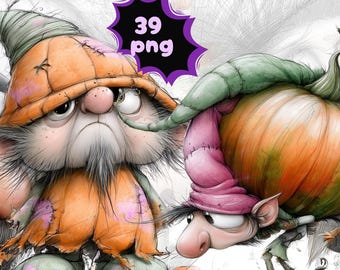 Zestaw clipartów Halloween Gnome PNG, urocze halloweenowe krasnale, upiorny jesienny krasnal clipart, 39 PNG