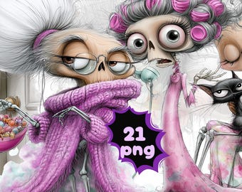 Zestaw clipartów Halloween Babcia PNG | Urocza Babcia Czarownica do pobrania w wersji cyfrowej | Straszna grafika szkieletu na Halloween | Przezroczysty PNG