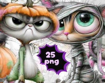 Zestaw clipartów Halloween Cat PNG | Uroczy, straszny, czarny kot do pobrania w wersji cyfrowej | Grafika z czarownicą na Halloween | 25 plików PNG
