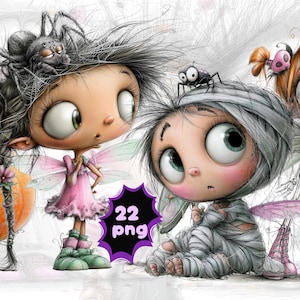 May include: A digital illustration featuring four cartoon characters with large eyes, including a fairy with a spider in her hair, a mummy figure, and a character with an owl, alongside a large orange pumpkin and a purple badge reading 22 png.