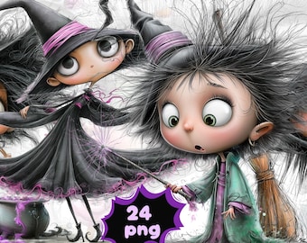 Zestaw uroczych wiedźm z Halloween w formacie PNG | Kawaii wiedźma z Halloween | Grafika Halloween dla dzieci | Użytek komercyjny | 24 pliki PNG
