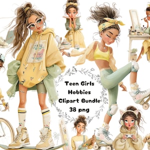 以下が含まれることがあります： さまざまな趣味に没頭する10代の女の子のイラストをフィーチャーしたデジタルクリップアートバンドル。スケートボード、ローラースケート、サイクリング、絵画、メイクをしている女の子の画像。カラーパレットには、イエロー、グリーン、ベージュが含まれています。