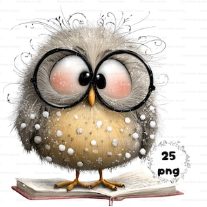 May include: A whimsical illustration of an owl wearing round glasses, perched atop an open book. The owl has fluffy gray and white feathers, rosy cheeks, and a yellow beak and feet. The image includes the text "25 png".