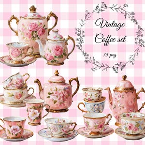 Watercolor Vintage Coffee Set PNG | Floral Porcelain Clipart (Digital Download